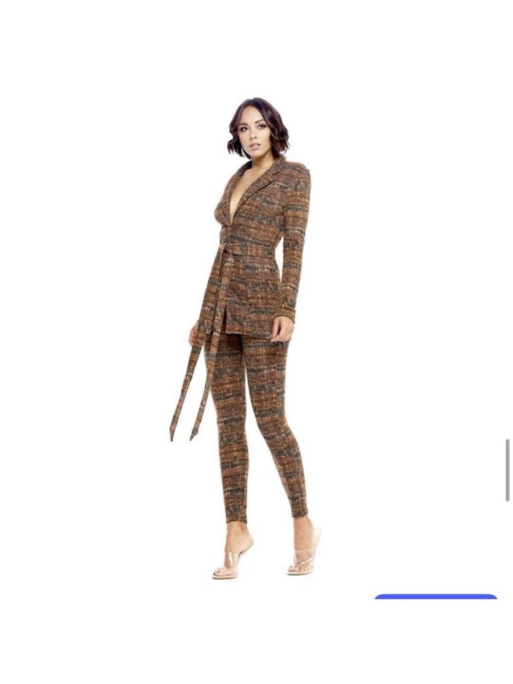 GIBIU Women’s 2 Piece Blazer Pants Set Small Brown Tweed Belted Suit 0492